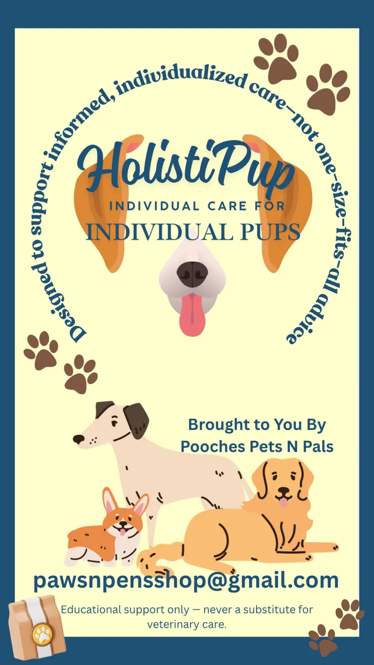 HolistiPuP™ feature artwork listing individual dog profiles, wellness tracking, care logs, supportive notes, and consistency tools.